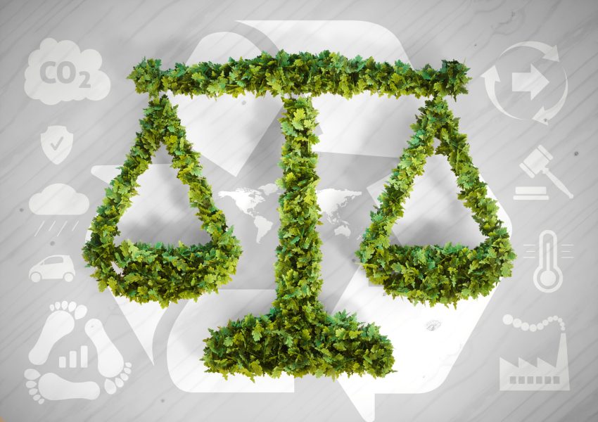 Ecology balance - 3d illustration with ecology icons on grey wooden background.